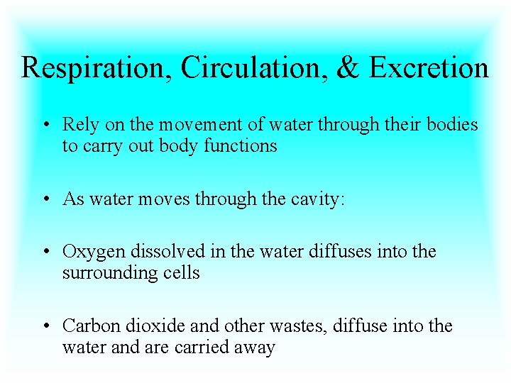 Respiration, Circulation, & Excretion • Rely on the movement of water through their bodies