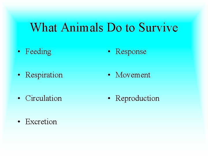 What Animals Do to Survive • Feeding • Response • Respiration • Movement •