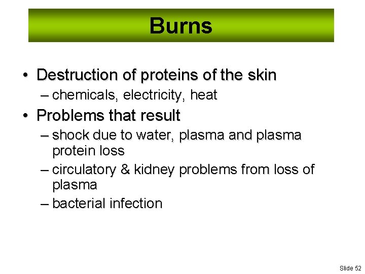 Burns • Destruction of proteins of the skin – chemicals, electricity, heat • Problems