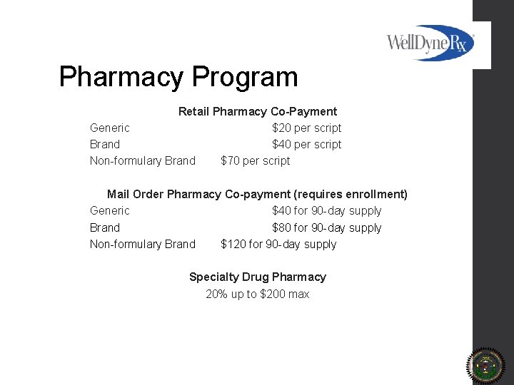 Pharmacy Program Retail Pharmacy Co-Payment Generic $20 per script Brand $40 per script Non-formulary