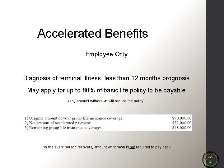 Accelerated Benefits Employee Only Diagnosis of terminal illness, less than 12 months prognosis May