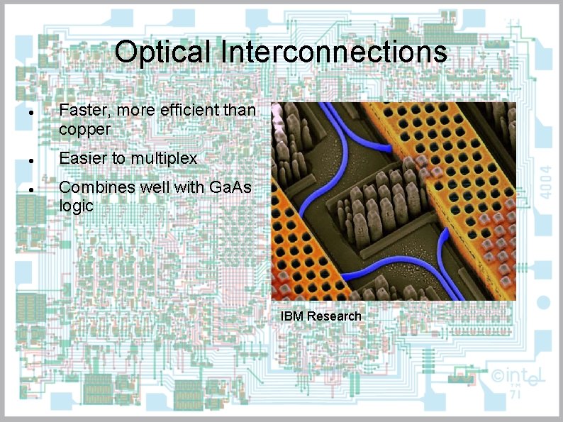 Optical Interconnections Faster, more efficient than copper Easier to multiplex Combines well with Ga.
