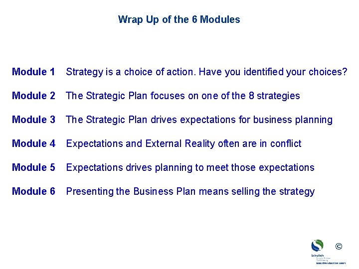 Wrap Up of the 6 Modules Module 1 Strategy is a choice of action.