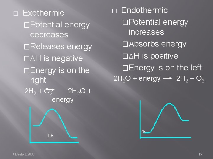 � Exothermic �Potential energy decreases �Releases energy � H is negative �Energy is on