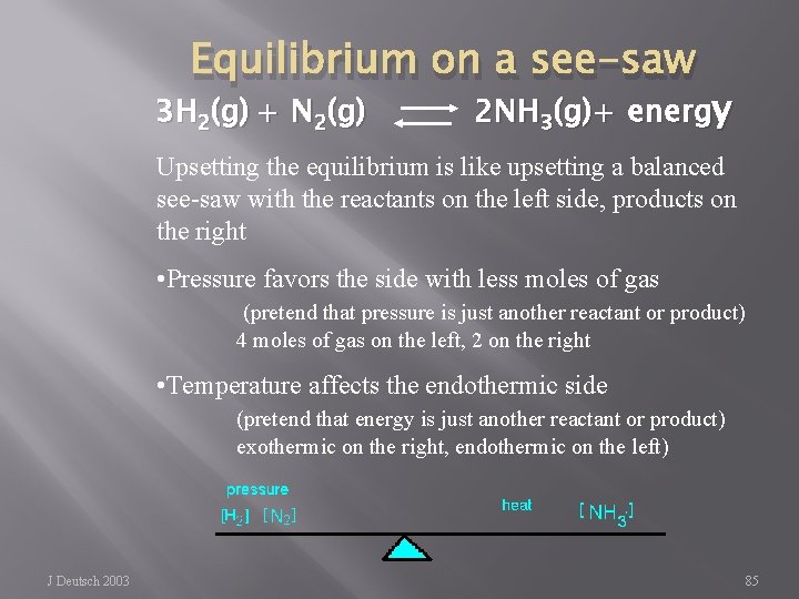 Equilibrium on a see-saw 3 H 2(g) + N 2(g) 2 NH 3(g)+ energy