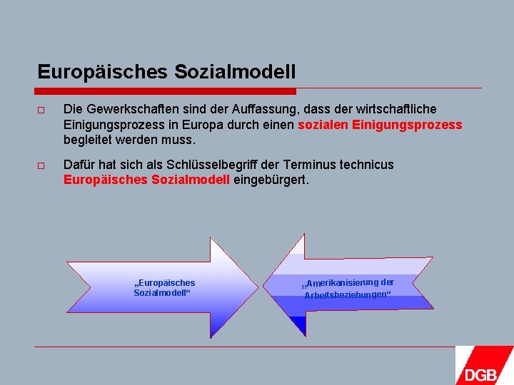 Europäisches Sozialmodell o Die Gewerkschaften sind der Auffassung, dass der wirtschaftliche Einigungsprozess in Europa