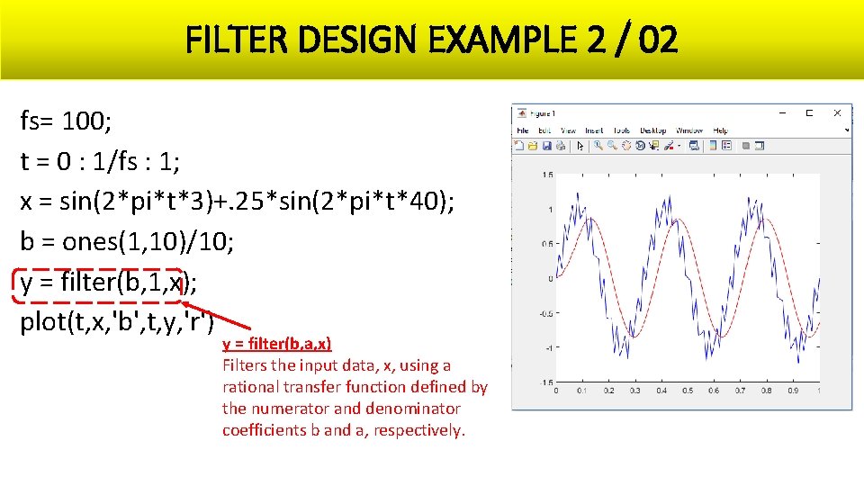 FILTER DESIGN EXAMPLE 2 / 02 fs= 100; t = 0 : 1/fs :
