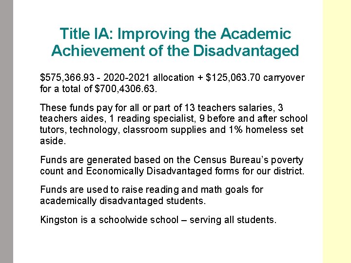Title IA: Improving the Academic Achievement of the Disadvantaged • $575, 366. 93 -