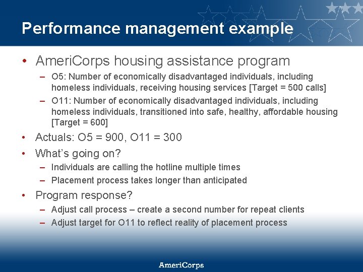 Performance management example • Ameri. Corps housing assistance program – O 5: Number of