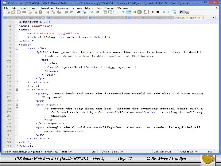 Highlighting Text With The mark Element CIS 4004: Web Based IT (Inside HTML 5