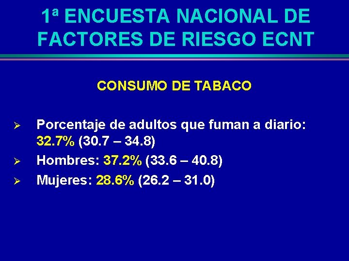 1ª ENCUESTA NACIONAL DE FACTORES DE RIESGO ECNT CONSUMO DE TABACO Ø Ø Ø