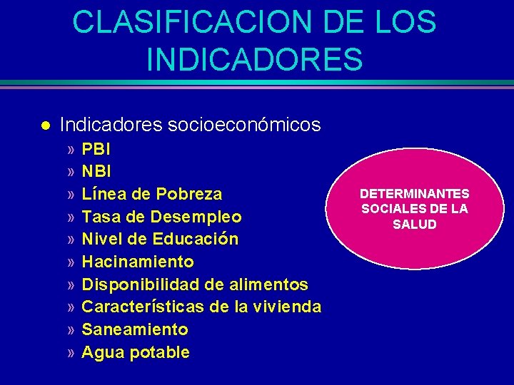 CLASIFICACION DE LOS INDICADORES l Indicadores socioeconómicos » » » » » PBI NBI