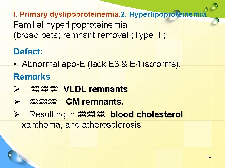 I. Primary dyslipoproteinemia. 2. Hyperlipoproteinemia. Familial hyperlipoproteinemia (broad beta; remnant removal (Type III) Defect: