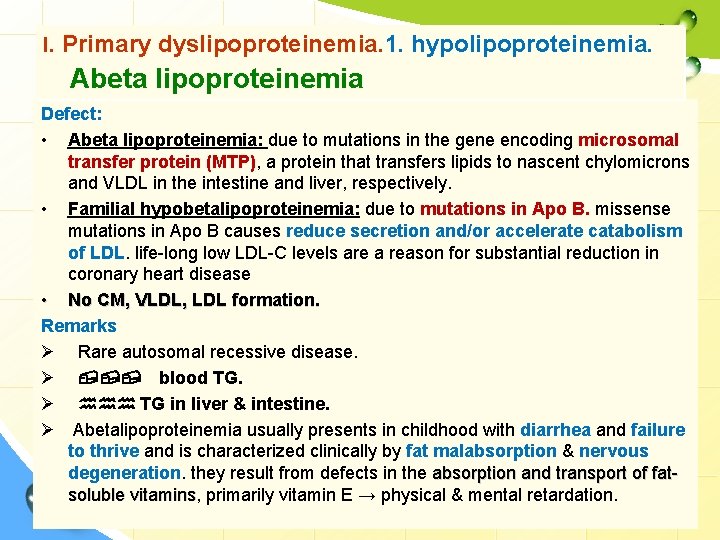 I. Primary dyslipoproteinemia. 1. hypolipoproteinemia. Abeta lipoproteinemia Defect: • Abeta lipoproteinemia: due to mutations