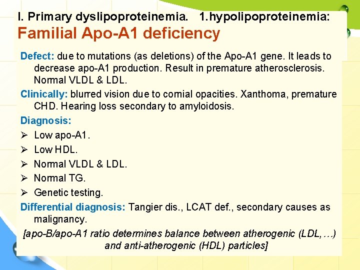 I. Primary dyslipoproteinemia. 1. hypolipoproteinemia: Familial Apo-A 1 deficiency Defect: due to mutations (as