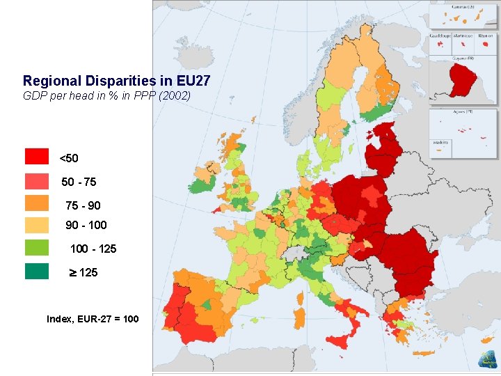 Regional Disparities in EU 27 GDP per head in % in PPP (2002) <50