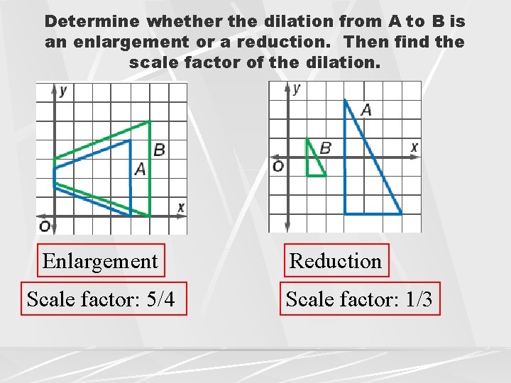 Determine whether the dilation from A to B is an enlargement or a reduction.
