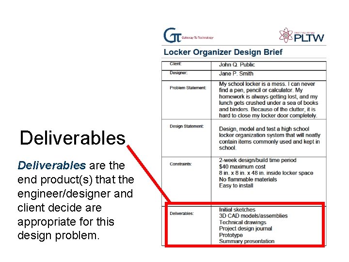 Deliverables are the end product(s) that the engineer/designer and client decide are appropriate for