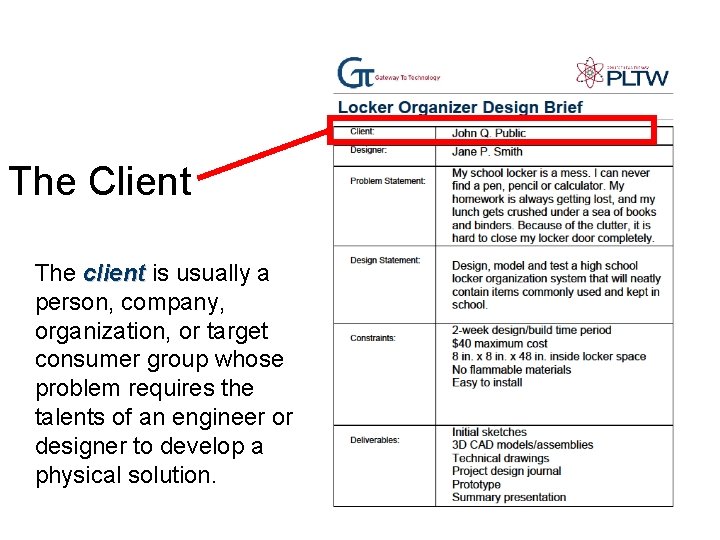 The Client The client is usually a person, company, organization, or target consumer group