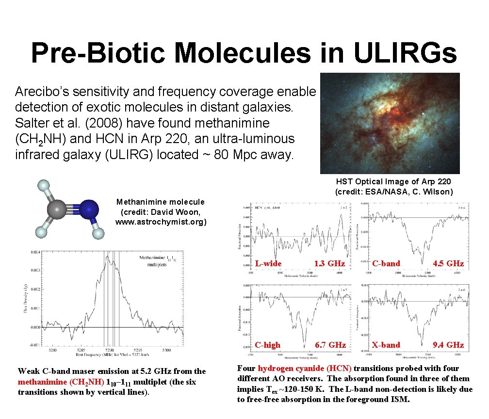 Pre-Biotic Molecules in ULIRGs Arecibo’s sensitivity and frequency coverage enable detection of exotic molecules
