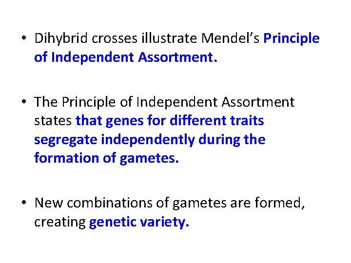  • Dihybrid crosses illustrate Mendel’s Principle of Independent Assortment. • The Principle of