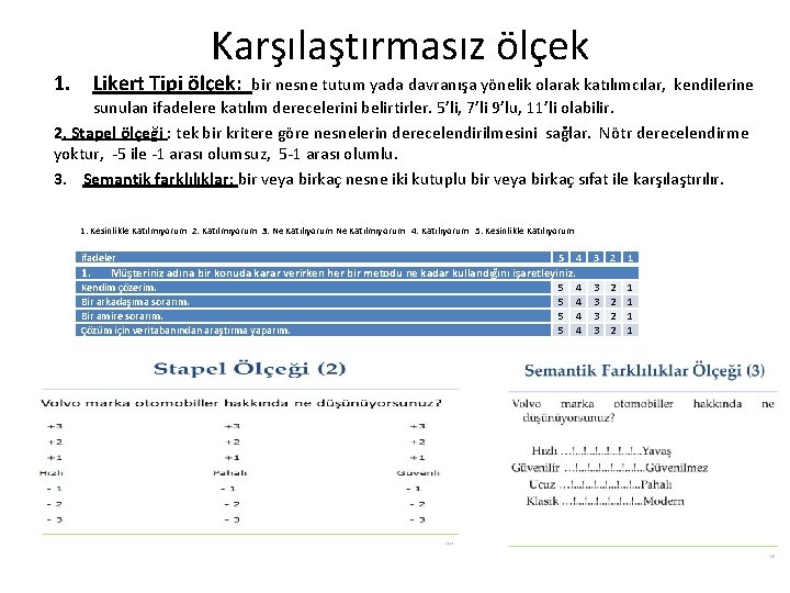 Karşılaştırmasız ölçek 1. Likert Tipi ölçek: bir nesne tutum yada davranışa yönelik olarak katılımcılar,