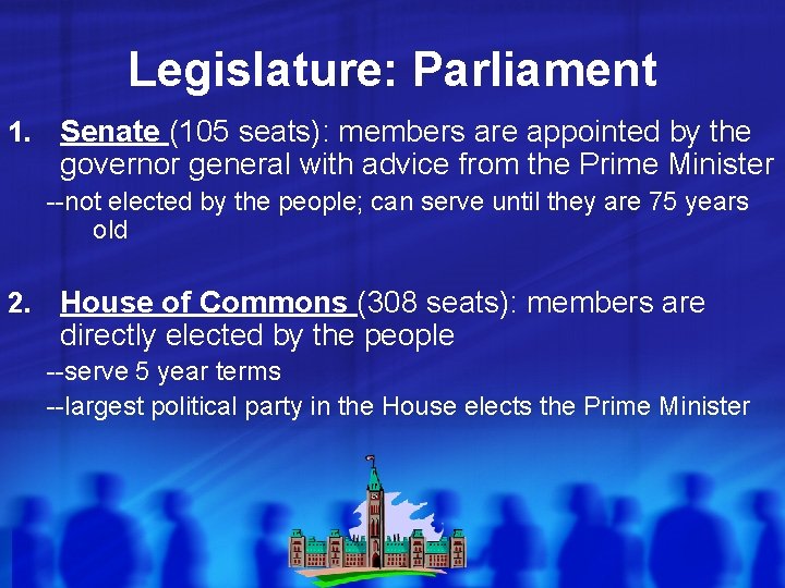 Legislature: Parliament 1. Senate (105 seats): members are appointed by the governor general with