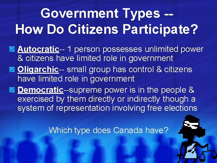 Government Types -How Do Citizens Participate? Autocratic-- 1 person possesses unlimited power & citizens
