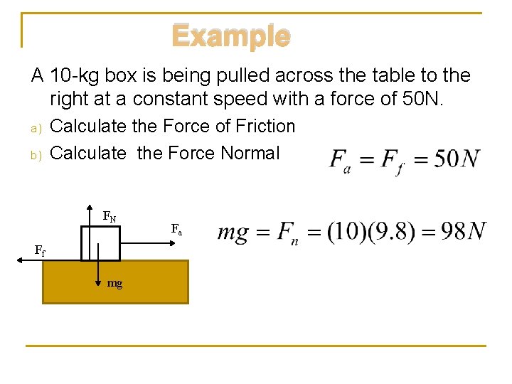 Example A 10 -kg box is being pulled across the table to the right