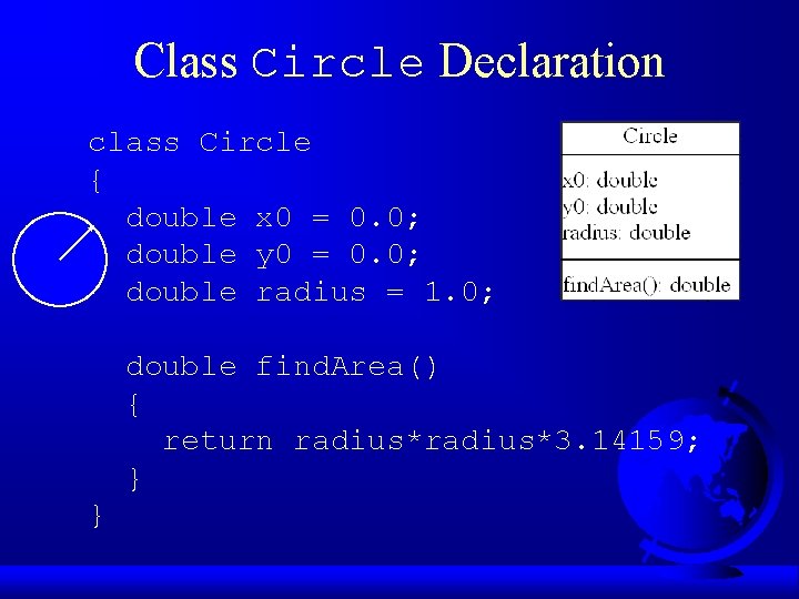 Class Circle Declaration class Circle { double x 0 = 0. 0; double y