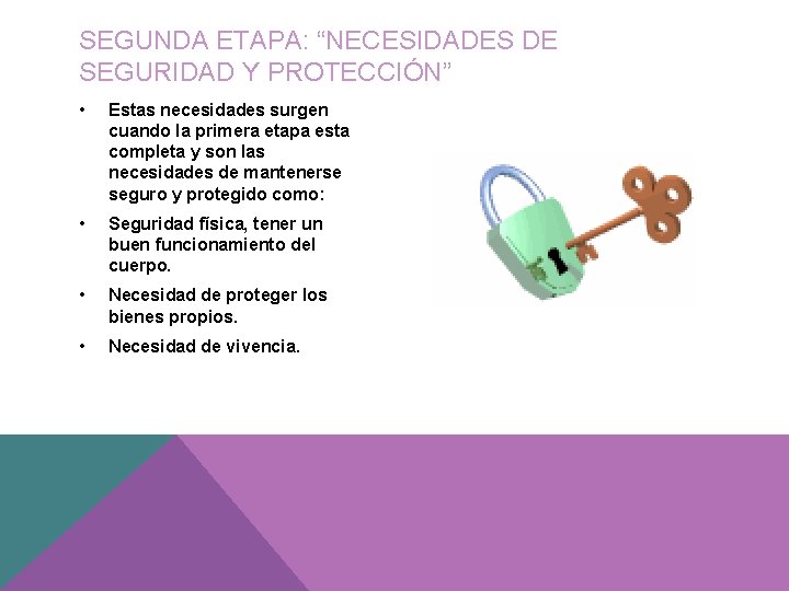 SEGUNDA ETAPA: “NECESIDADES DE SEGURIDAD Y PROTECCIÓN” • Estas necesidades surgen cuando la primera