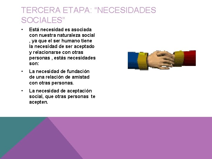 TERCERA ETAPA: “NECESIDADES SOCIALES” • Está necesidad es asociada con nuestra naturaleza social ,