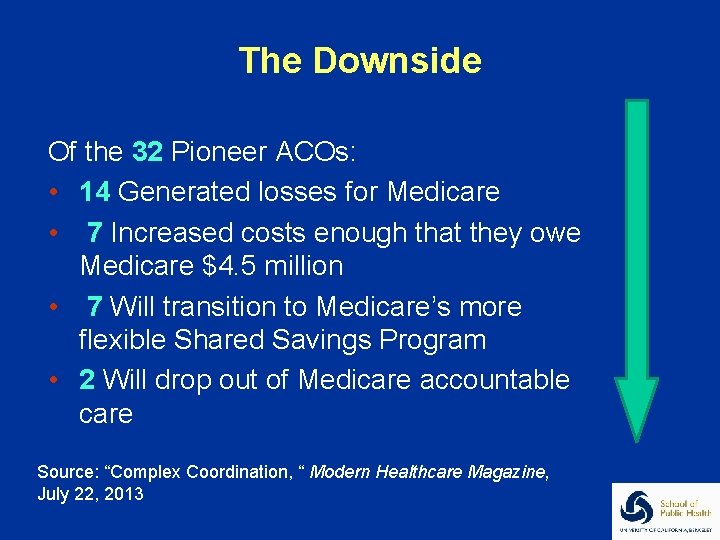 The Downside Of the 32 Pioneer ACOs: • 14 Generated losses for Medicare •