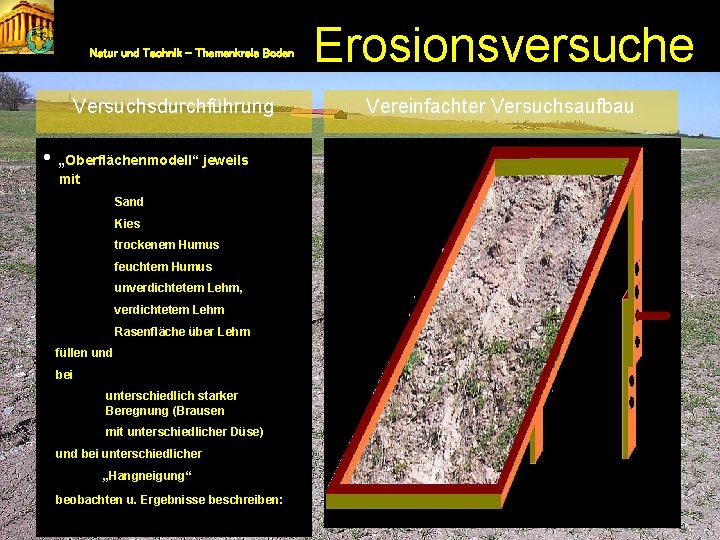 Natur und Technik – Themenkreis Boden Erosionsversuche Der Versuchsaufbau Vereinfachter Versuchsaufbau Versuchsdurchführung • „Oberflächenmodell“