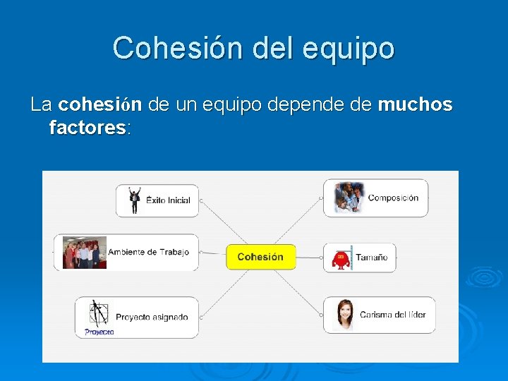 Cohesión del equipo La cohesión de un equipo depende de muchos factores: 