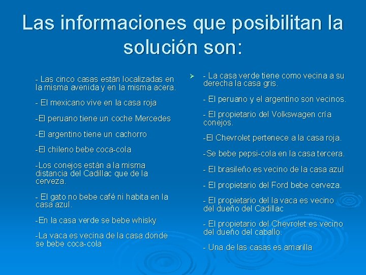 Las informaciones que posibilitan la solución son: - Las cinco casas están localizadas en