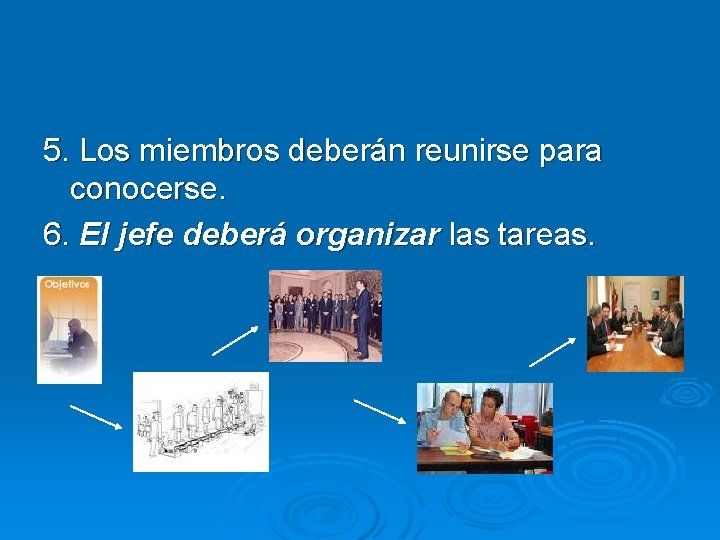 5. Los miembros deberán reunirse para conocerse. 6. El jefe deberá organizar las tareas.