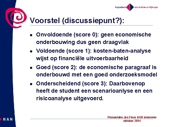 Voorstel (discussiepunt? ): l l Onvoldoende (score 0): geen economische onderbouwing dus geen draagvlak