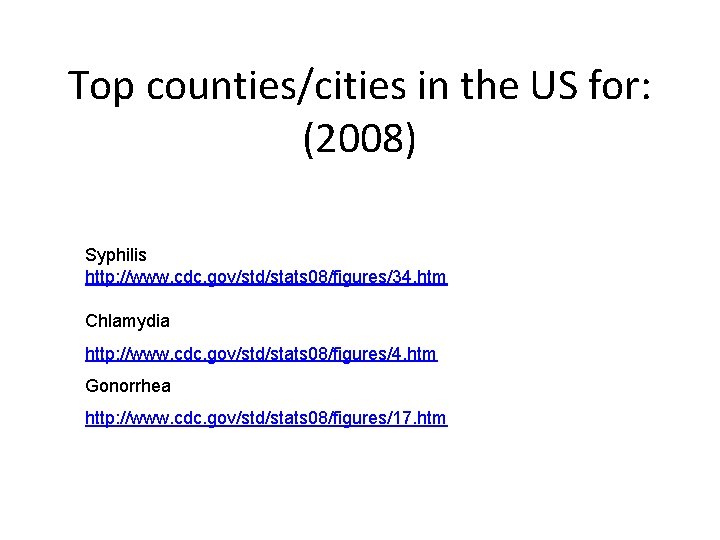Top counties/cities in the US for: (2008) Syphilis http: //www. cdc. gov/std/stats 08/figures/34. htm