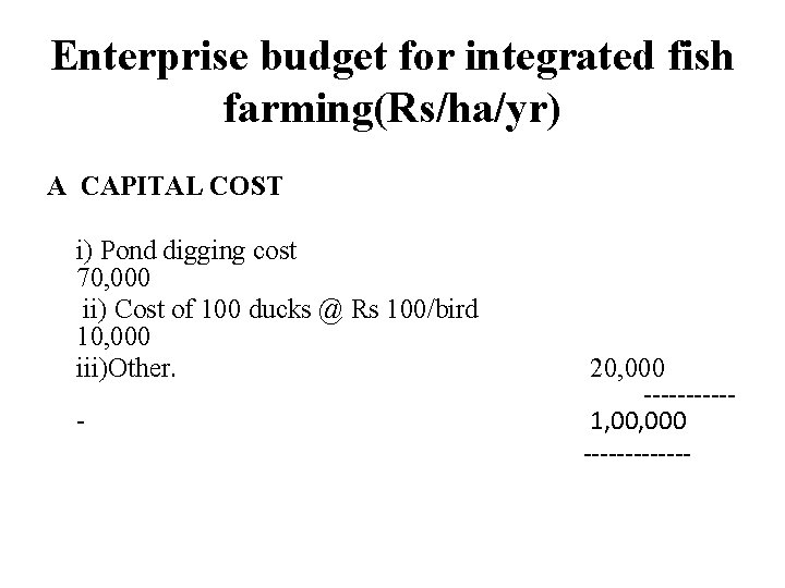 Enterprise budget for integrated fish farming(Rs/ha/yr) A CAPITAL COST i) Pond digging cost 70,