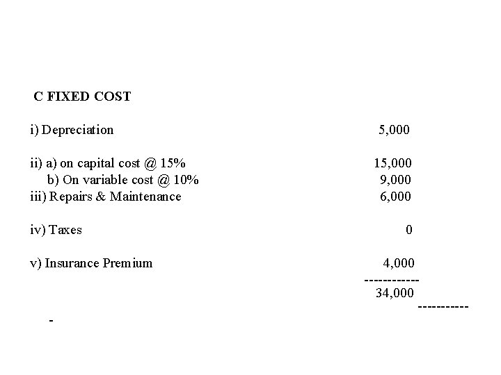 C FIXED COST i) Depreciation ii) a) on capital cost @ 15% b) On