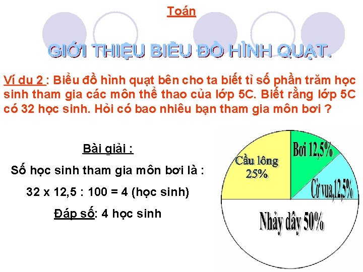 Toán Ví dụ 2 : Biểu đồ hình quạt bên cho ta biết tỉ
