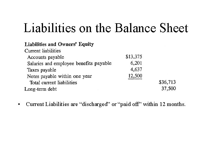 Liabilities on the Balance Sheet • Current Liabilities are “discharged” or “paid off” within