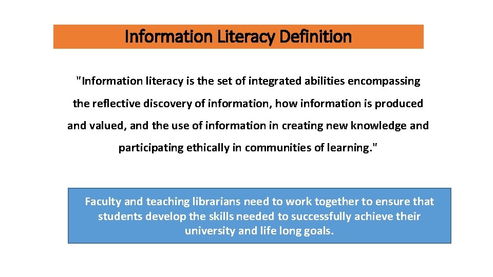 Information Literacy Definition "Information literacy is the set of integrated abilities encompassing the reflective