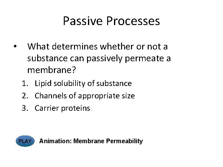 Passive Processes • What determines whether or not a substance can passively permeate a