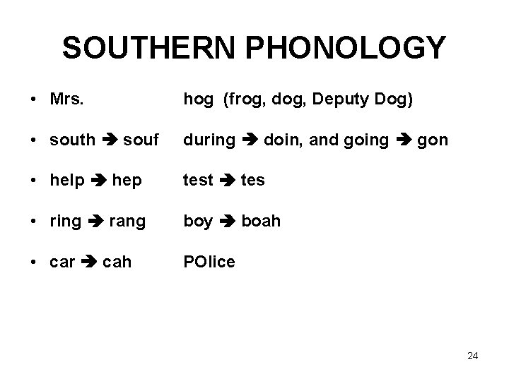 SOUTHERN PHONOLOGY • Mrs. hog (frog, dog, Deputy Dog) • south souf during doin,