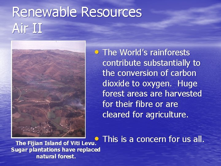 Renewable Resources Air II • The World’s rainforests contribute substantially to the conversion of