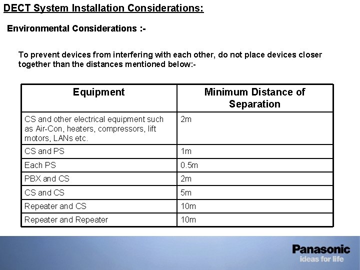 DECT System Installation Considerations: • Environmental Considerations : To prevent devices from interfering with DECT System Installation Considerations: • Environmental Considerations : To prevent devices from interfering with