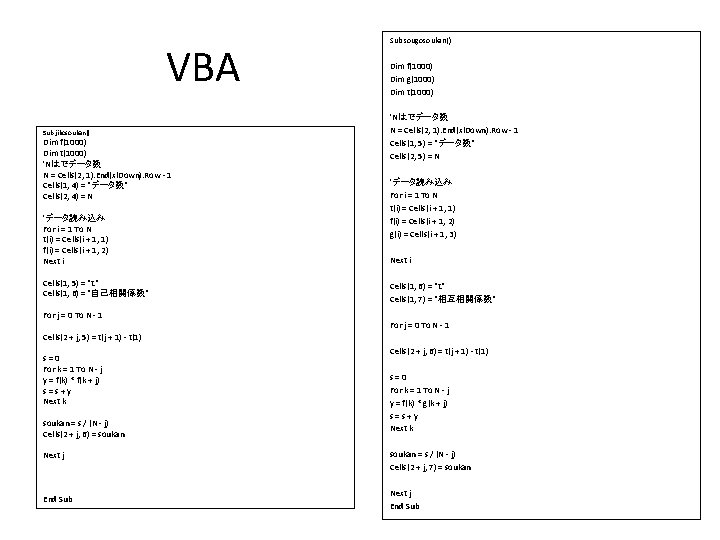 VBA Sub jikosoukan() Dim f(1000) Dim t(1000) 'Nはでデータ数 N = Cells(2, 1). End(xl. Down).