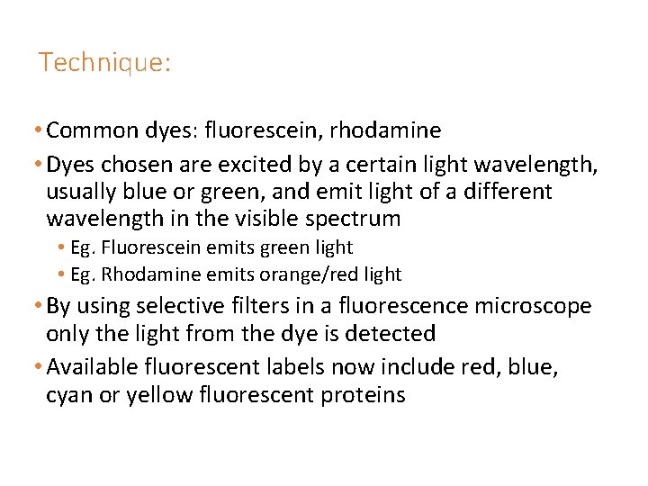 Technique: • Common dyes: fluorescein, rhodamine • Dyes chosen are excited by a certain